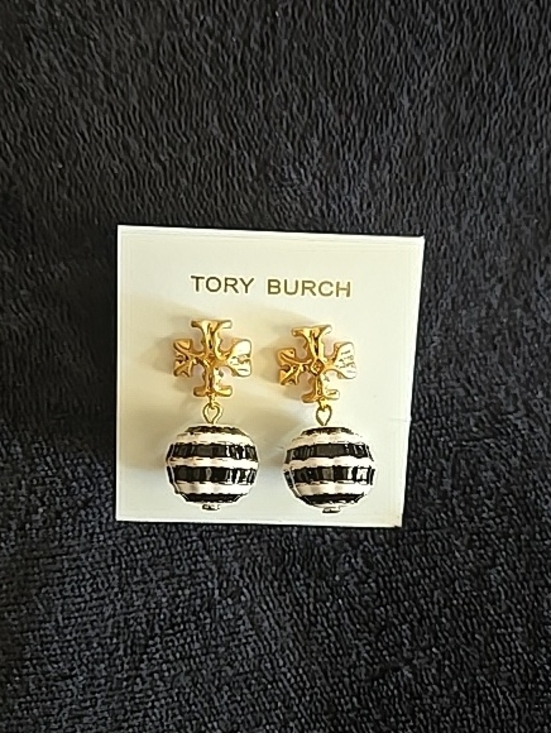 Tory Burch Jewelry - Tory Burch Gold Logo Drop Earrings with Black and White Striped Spheres